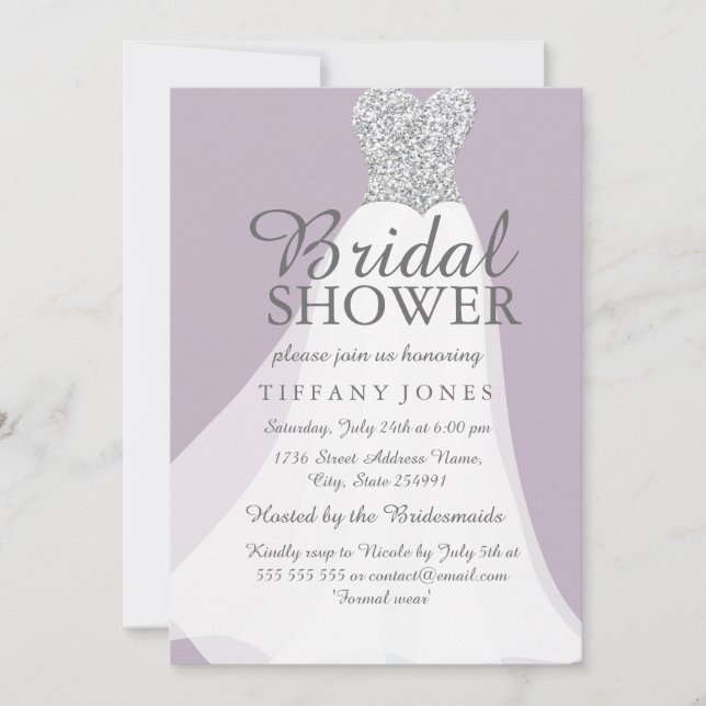 Purple Silver Glitter White Dress Bridal Shower Invitation (Front)