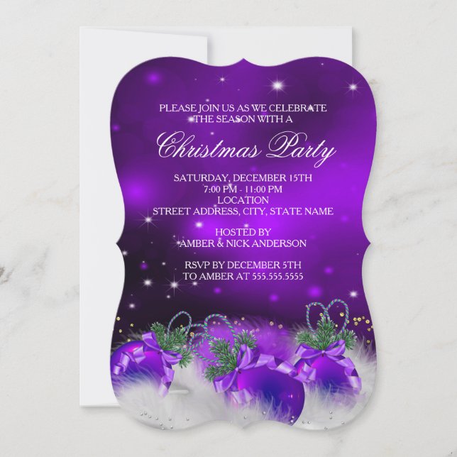 Purple Silver Gold Holly Baubles Christmas Party 2 Invitation (Front)