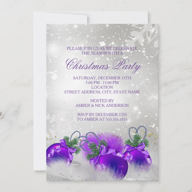 Purple Silver Gold Holly Baubles Christmas Party Invitation (Front)