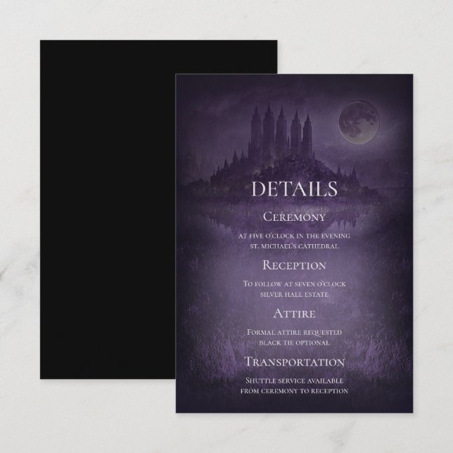 Purple Silver Gothic Romance Wedding Details Card (Front/Back)