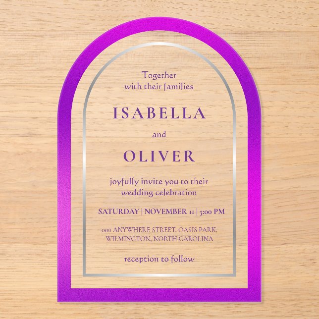 Purple silver gradient frame wedding acrylic invitations (Front)