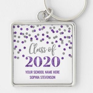 Purple Silver Graduation Class of 2020 Confetti Key Ring