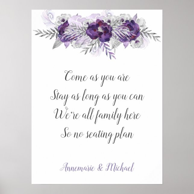 Purple Silver Gray No Seating Plan Wedding Sign (Front)
