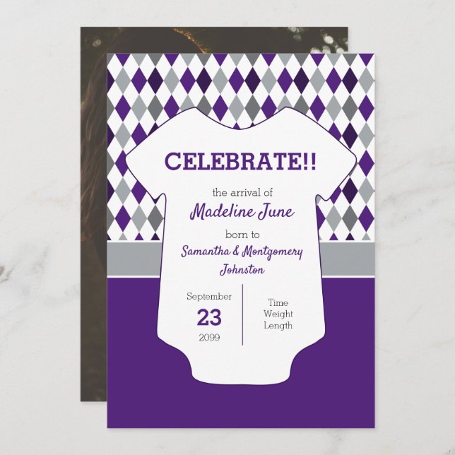Purple & Silver Grey Argyle Pattern Baby Photo Announcement (Front/Back)