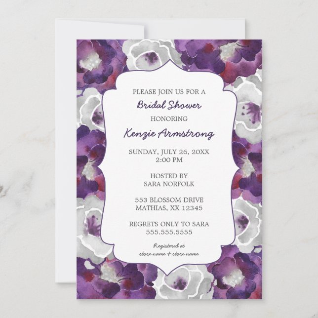 Purple silver grey floral bridal shower invites (Front)
