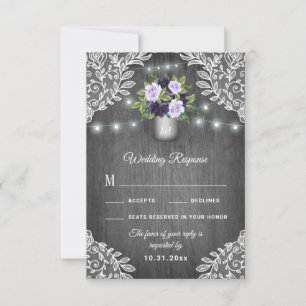 Purple Silver Grey Floral Lace Wedding RSVP Cards