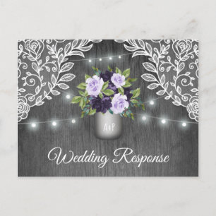 Purple Silver Grey Floral Rustic Jar Wedding RSVP Invitation Postcard