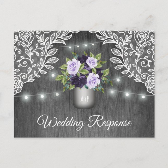 Purple Silver Grey Floral Rustic Jar Wedding RSVP Invitation Postcard (Front)