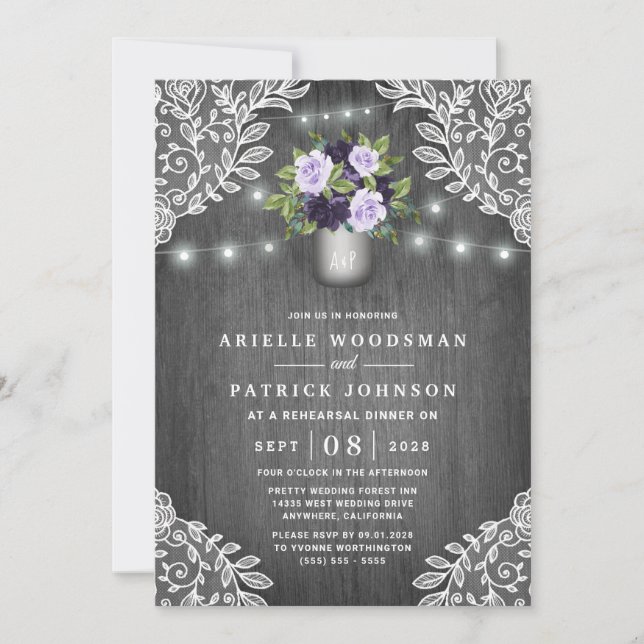 Purple Silver Grey Floral Rustic Rehearsal Dinner Invitation (Front)