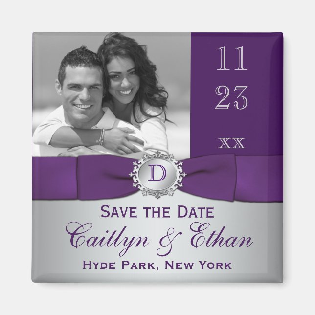 Purple, Silver Grey Floral Save the Date Magnet (Front)