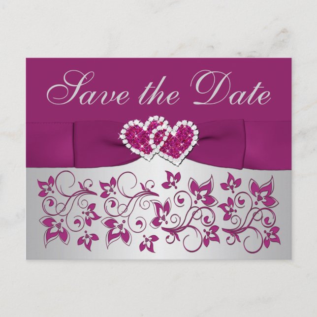 Purple, Silver Grey Floral Save the Date Postcard (Front)