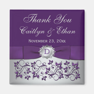 Purple, Silver Grey Floral Wedding Favour Magnet