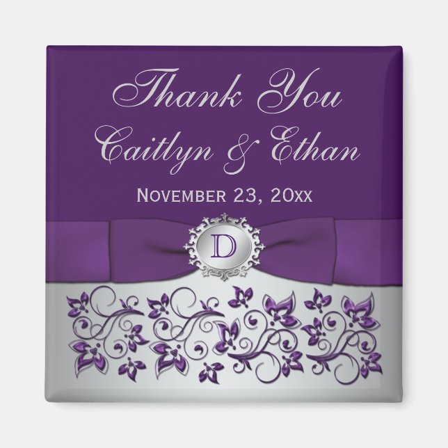 Purple, Silver Grey Floral Wedding Favour Magnet (Front)