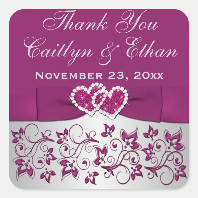 Purple, Silver Grey Floral Wedding Favour Sticker (Front)