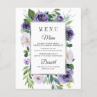 Purple Silver Grey Floral Wedding Menu Cards