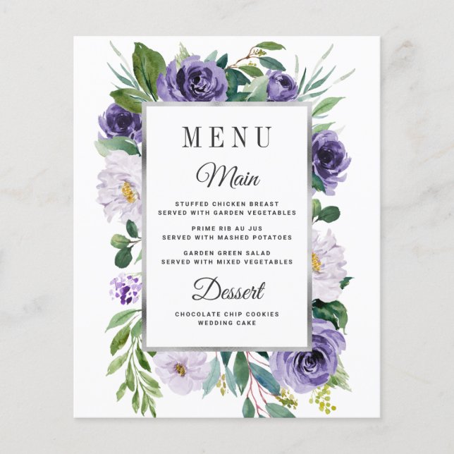Purple Silver Grey Floral Wedding Menu Cards (Front)