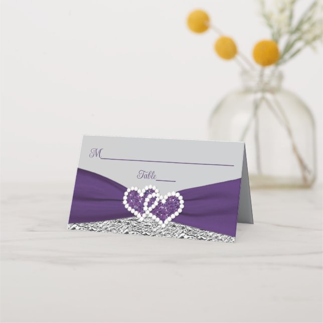 Purple, Silver, Grey Love Hearts Wedding Place Card (Front)