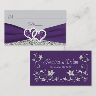 Purple, Silver, Grey Love Hearts Wedding Place Card