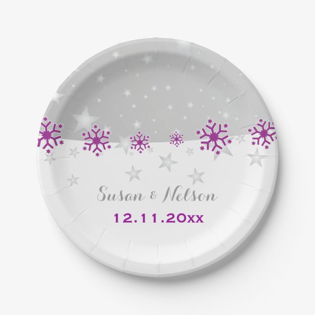 Purple, silver grey snowflake modern wedding paper plate (Front)