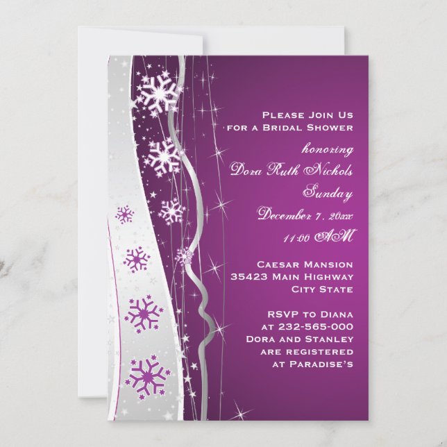 Purple silver grey snowflake wedding bridal shower invitation (Front)