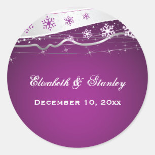 Purple silver grey snowflake wedding Save the Date Classic Round Sticker