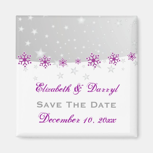 Purple silver grey snowflake wedding Save the Date Magnet (Front)