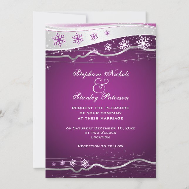 Purple, silver grey snowflake winter wedding invitation (Front)