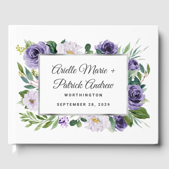 Purple Silver Grey Watercolor Floral Wedding Guest Book (Front)