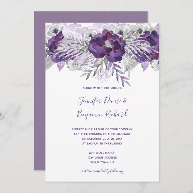 Purple Silver Grey Watercolor Floral Wedding Invitation (Front/Back)