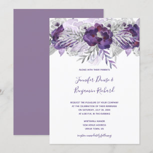 Purple Silver Grey Watercolor Floral Wedding Invitation