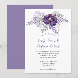 Purple Silver Grey Watercolor Flowers Wedding   Invitation