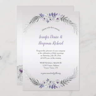 Purple Silver Grey Watercolor Flowers Wedding   Invitation