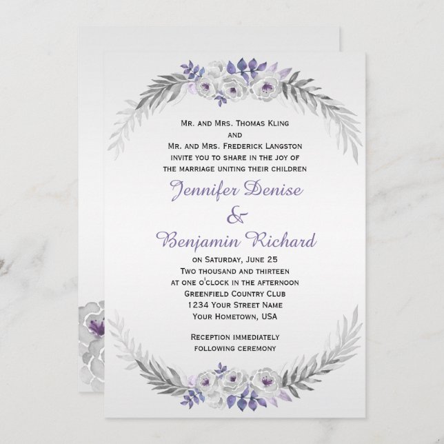Purple Silver Grey Watercolor Roses Weddings Invitation (Front/Back)