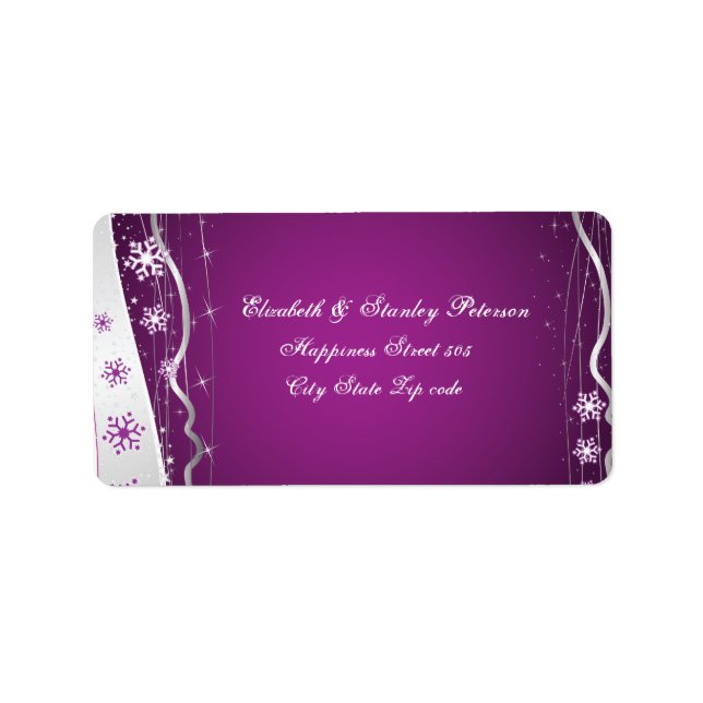 Purple, silver grey white winter wedding label (Front)