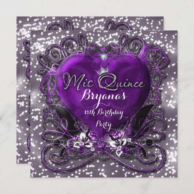 Purple & Silver Heart Mis Quince 15th Invitation (Front/Back)