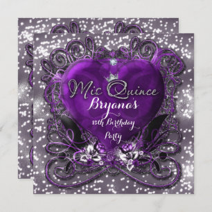 Purple & Silver Heart Mis Quince 15th Invitation
