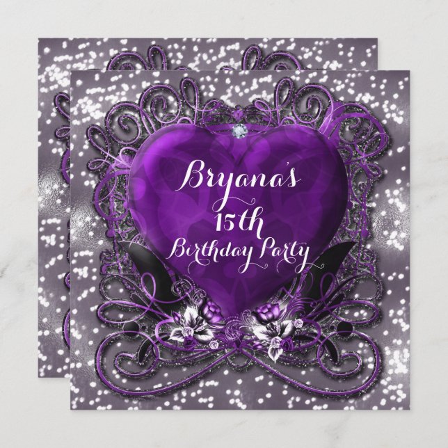 Purple & Silver Heart Sparkle Any Event Invitation (Front/Back)
