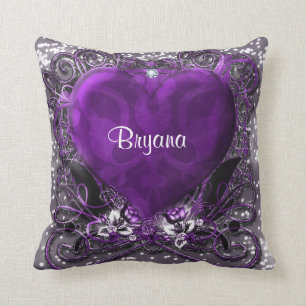 Purple & Silver Heart Sparkle Glamour Bling Cushion