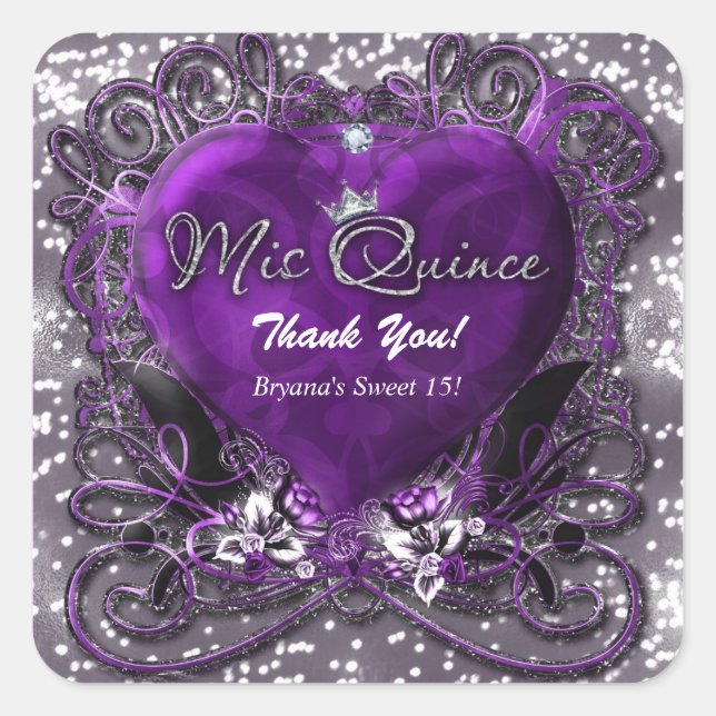 Purple & Silver Heart Sparkle Mis Quince 15 Party Square Sticker (Front)