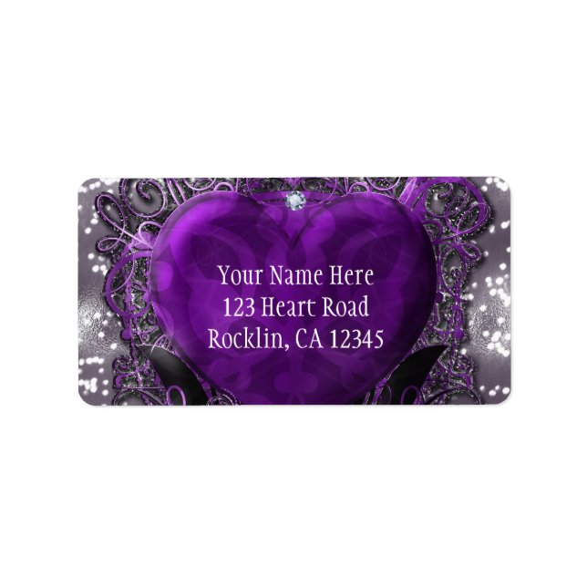 Purple & Silver Heart Sparkle Party Invitation Label (Front)