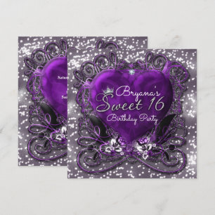Purple & Silver Heart Sparkle Sweet 16 Invitations