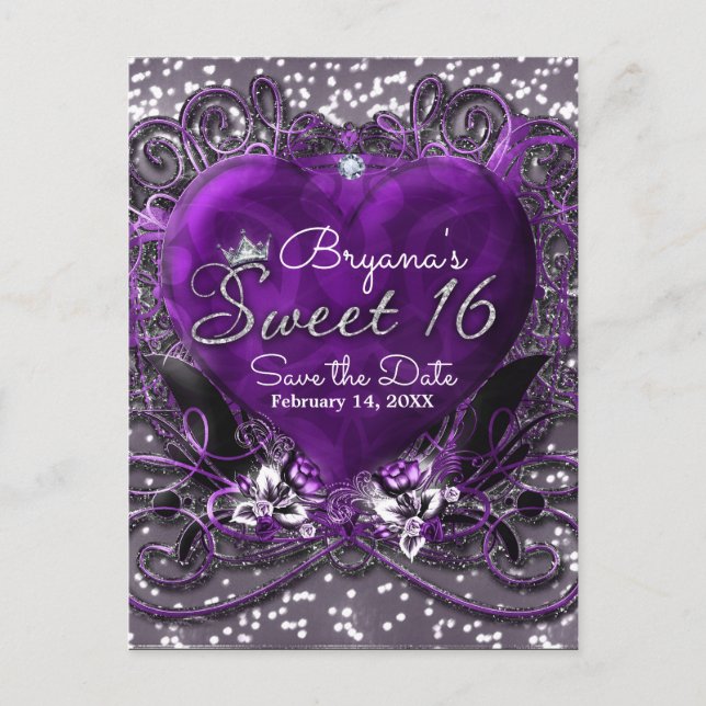 Purple & Silver Heart Sweet 16 Save the Date Party Announcement Postcard (Front)