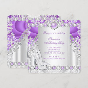 Purple Silver High Heels Pearl Birthday Party 2 Invitation