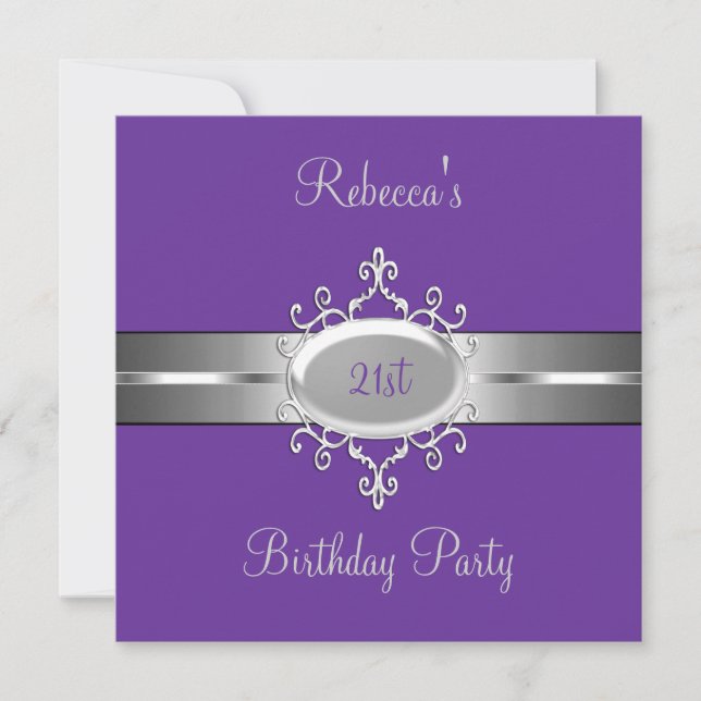 Purple Silver Jewel 21st Elegant Birthday Party Invitation (Front)