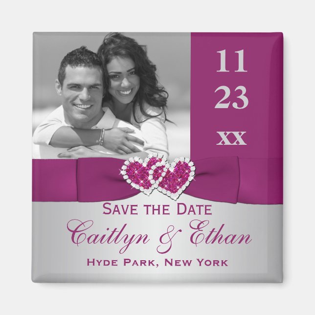 Purple, Silver Joined Hearts Save the Date Magnet (Front)