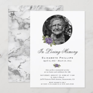 Purple Silver Marble Floral Photo Memorial Service Invitation