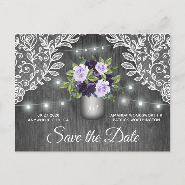 Purple Silver Mason Jar Wedding Save the Date Announcement Postcard (Front)