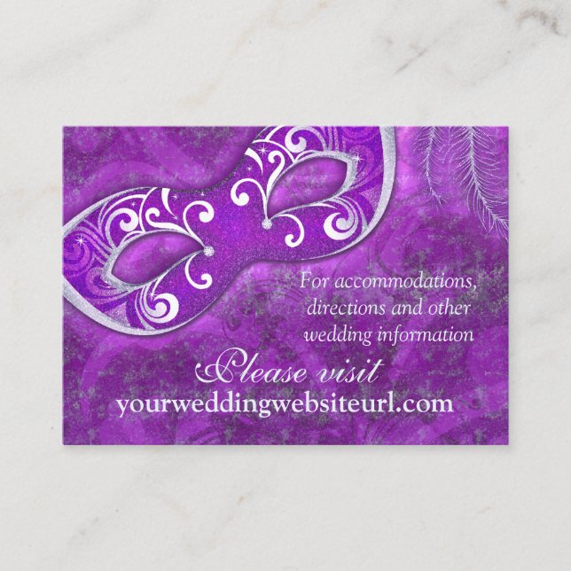 Purple Silver Masquerade Wedding Website Card (Front)