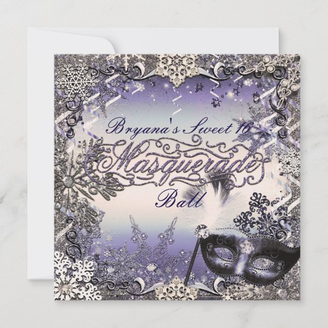 Purple & Silver Masquerade & Winter Snowflakes Invitation (Front)
