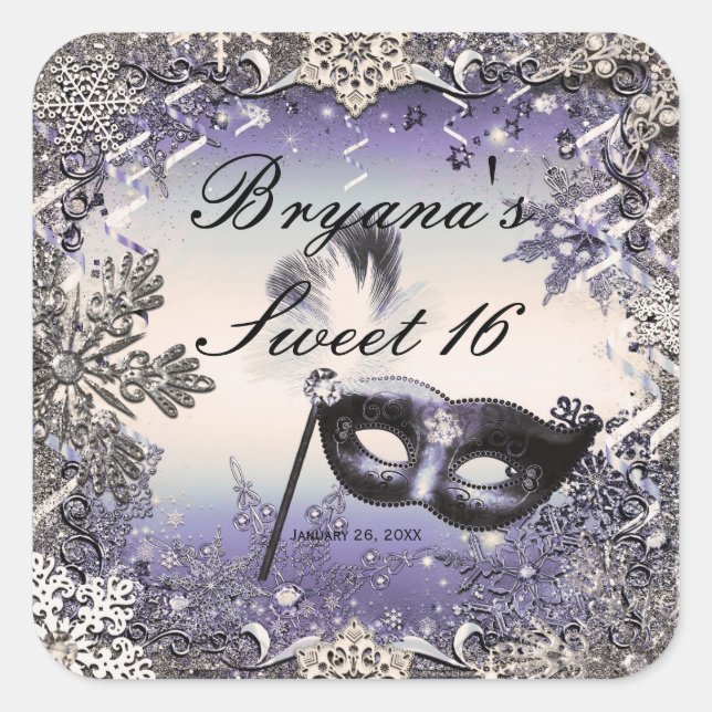 Purple & Silver Masquerade & Winter Snowflakes Square Sticker (Front)
